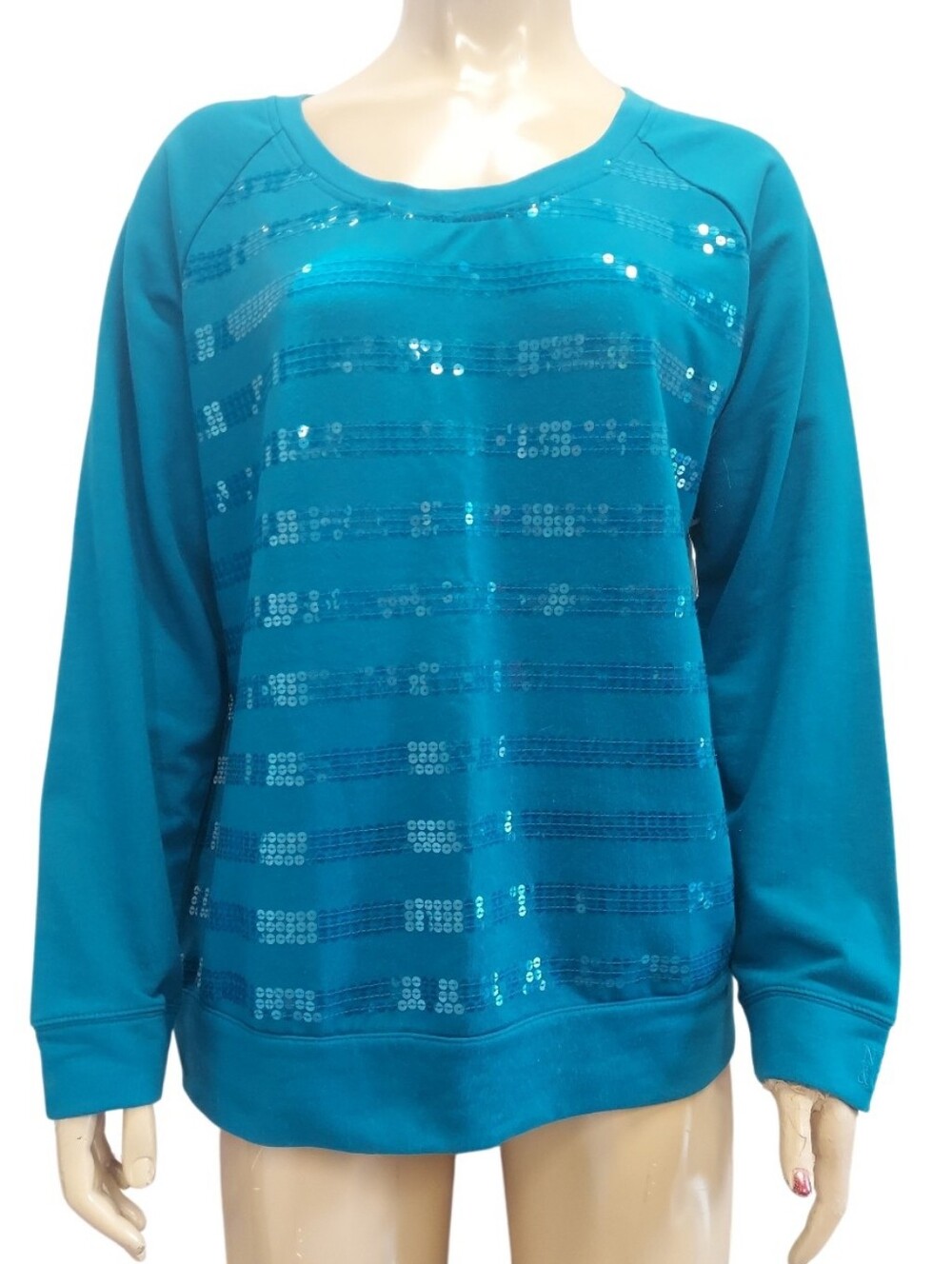 NWT NY & Co Teal Sequin Striped Lightweight Pullover Sweatshirt Top Shirt